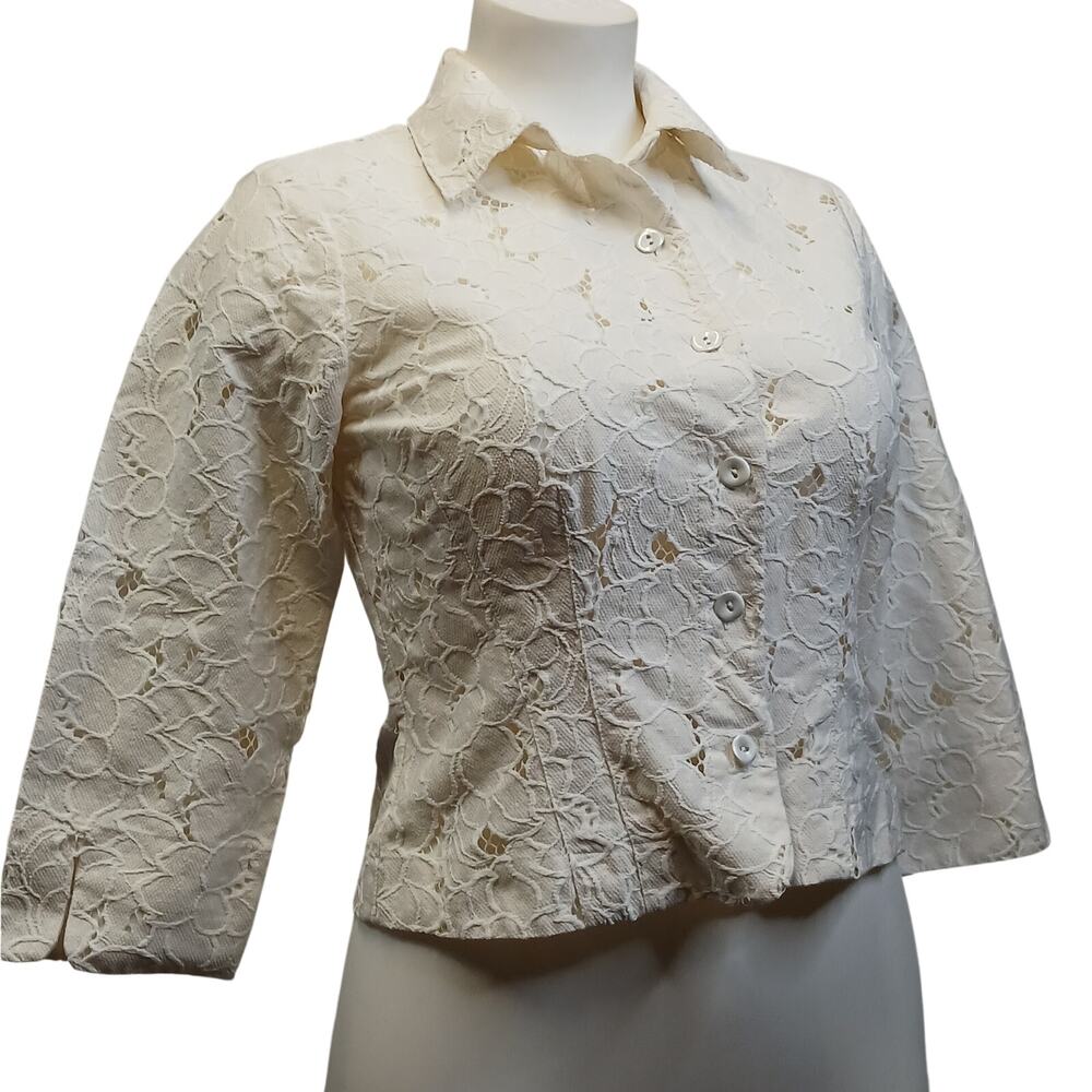 Cabi White Lace Button Front Core Jacket Structured Crop Top Blouse S